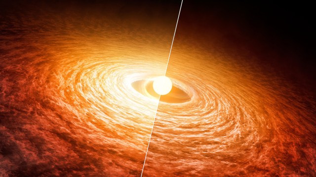 A computer-generated image of a bright celestial object with an accretion disk, possibly representing what the sun looked like when it was born.