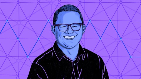 Illustration of a smiling man wearing glasses against a geometric background, unraveling the secret of good AI.