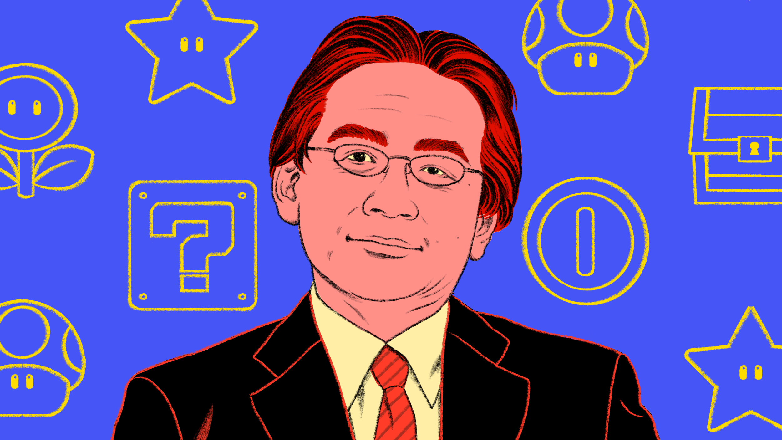 An image of Satoru Iwata, the leader in a suit and tie, surrounded by Nintendo icons.