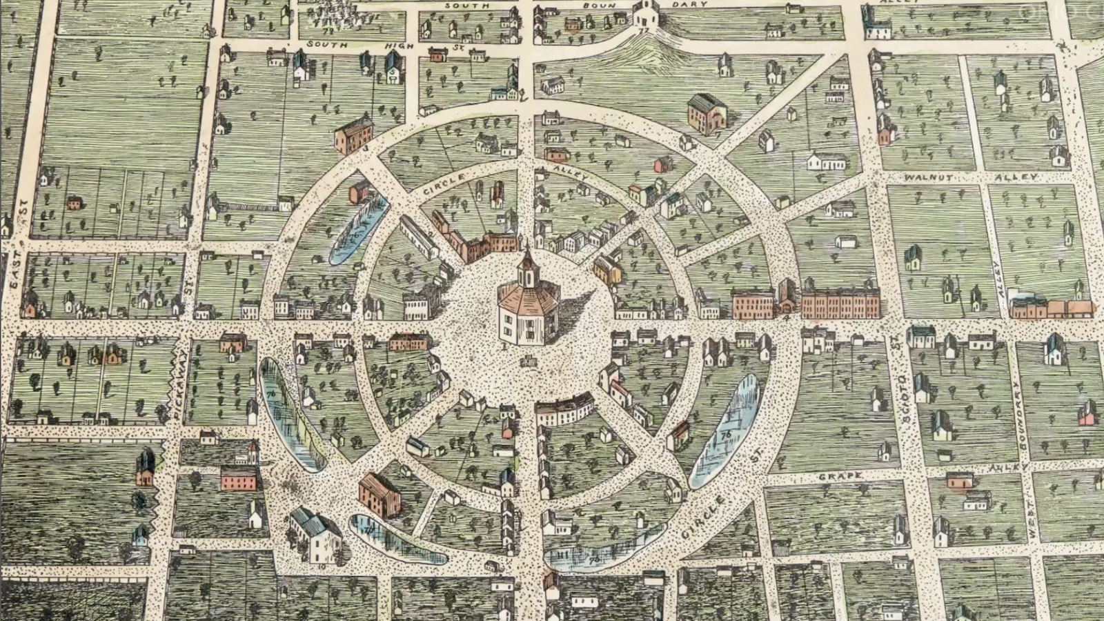 Historical map illustration depicting a planned city layout with a circular central area and radiating streets.