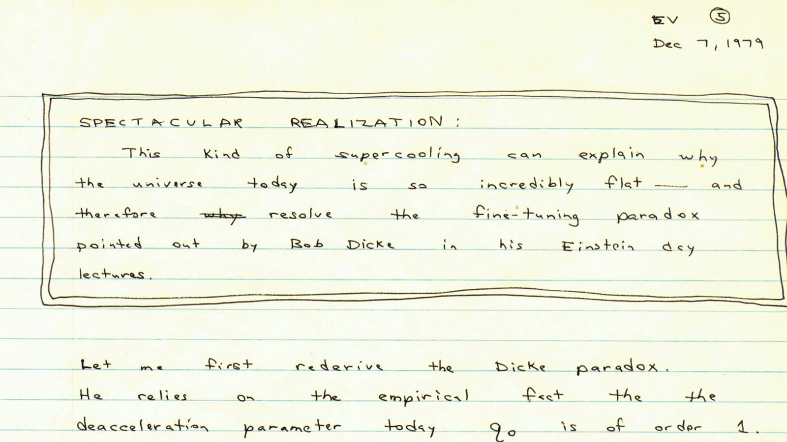 Handwritten notes on scientific observations regarding the universe and incompleteness in physics, dated December 7, 1979.