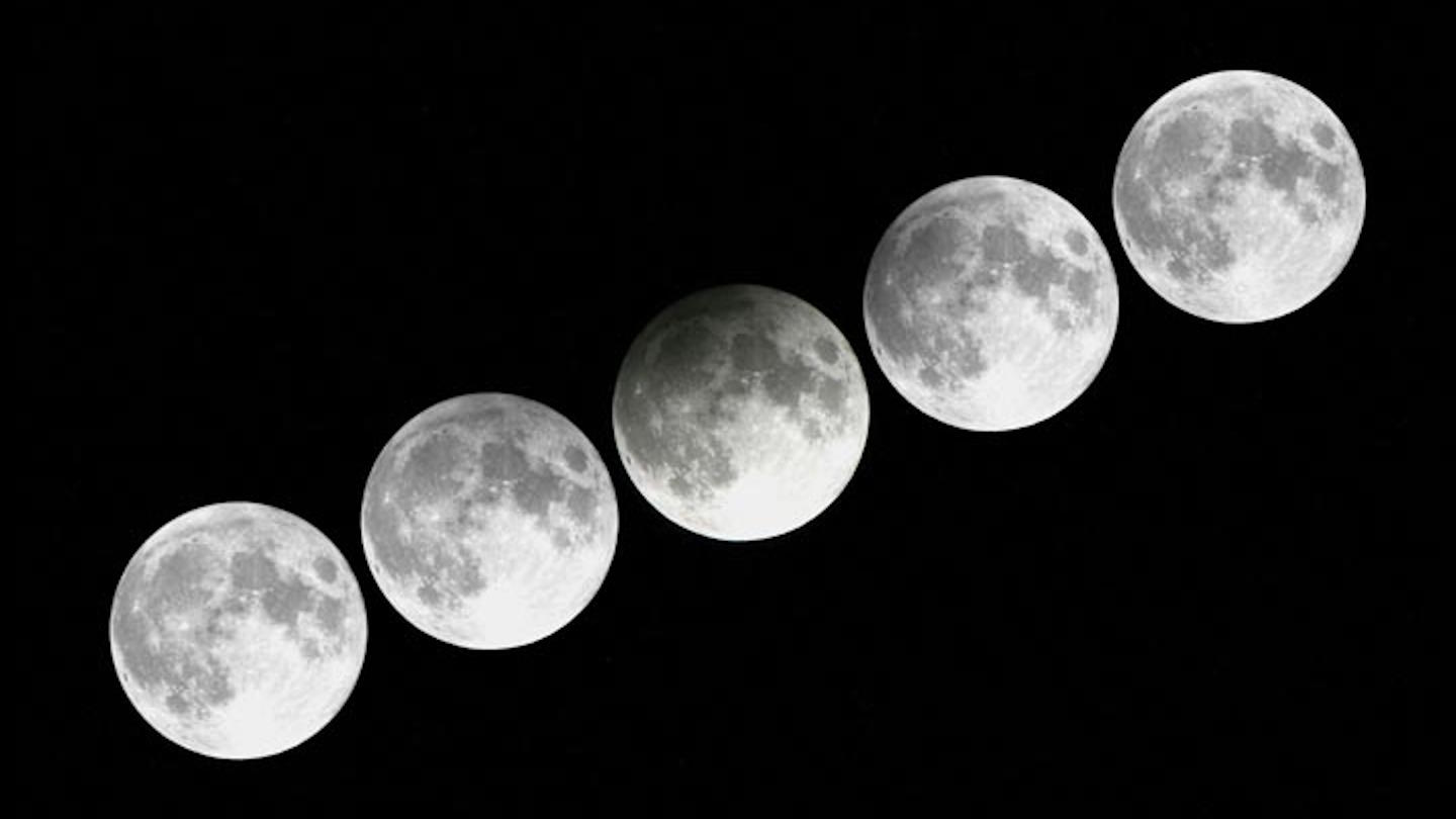 Phases of a partial lunar eclipse progression against a dark sky during the penumbral eclipse.
