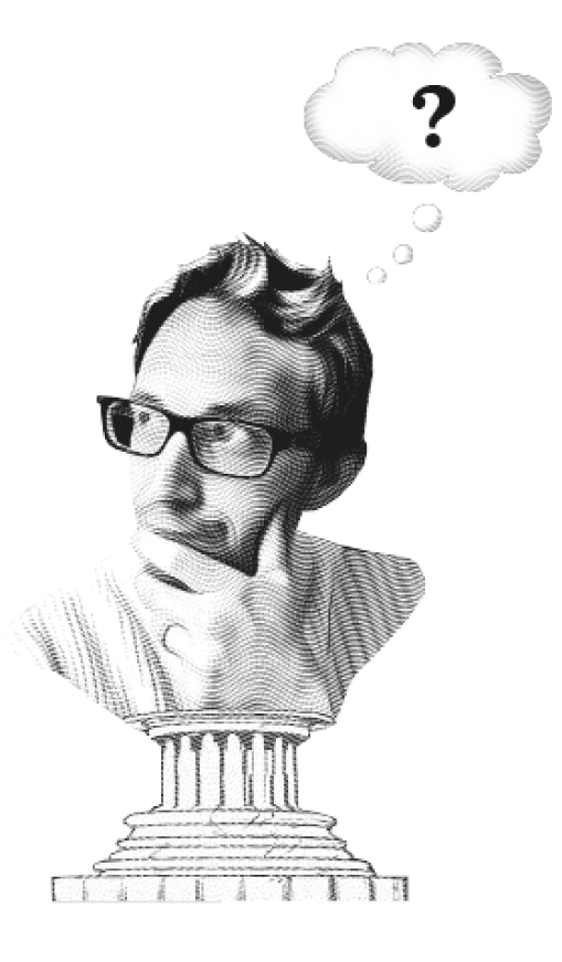 Illustration of a bust of a man wearing glasses with a thoughtful expression, depicted with a question mark in a thought bubble above his head.