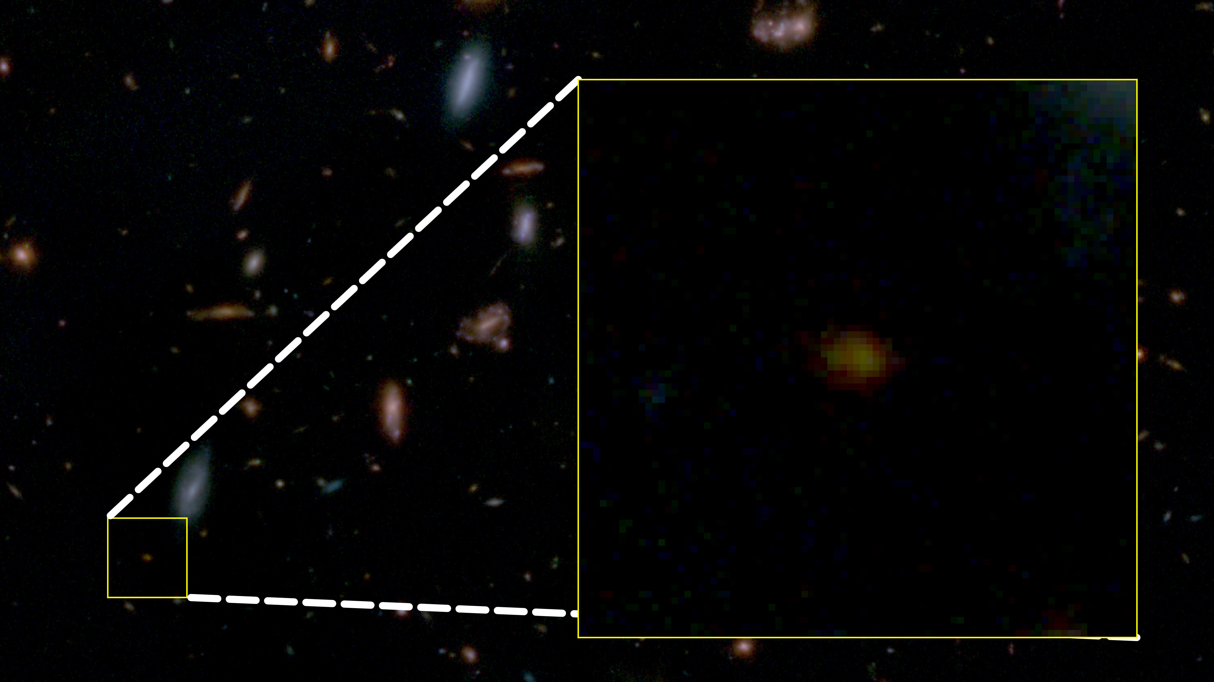 An image of a dead galaxy with a square in the middle taken by JWST.