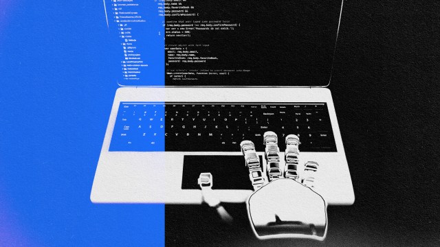 An image of a laptop with an AI software engineer's hand on it.