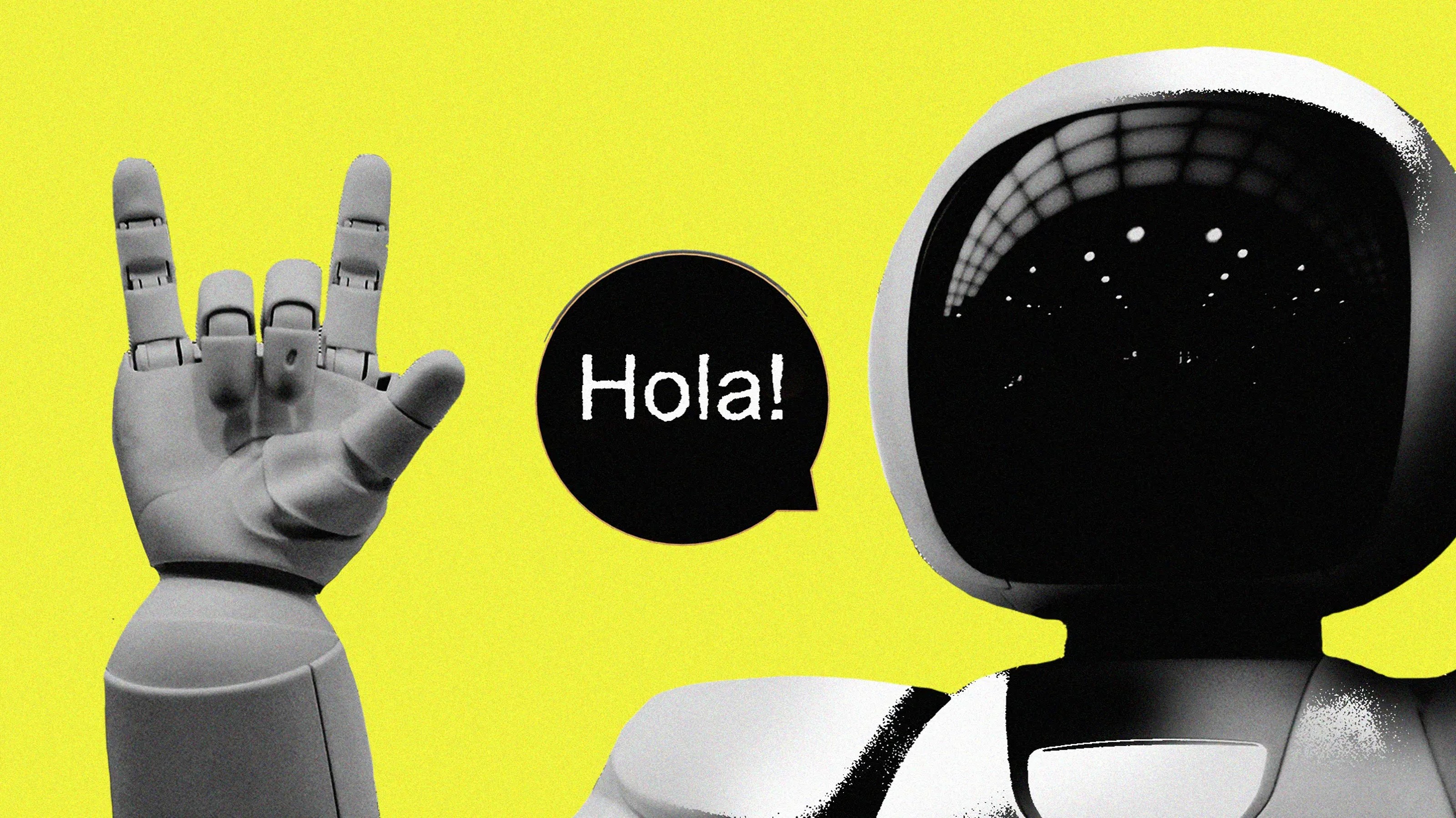 A robot is making a rock hand gesture with the word hola.