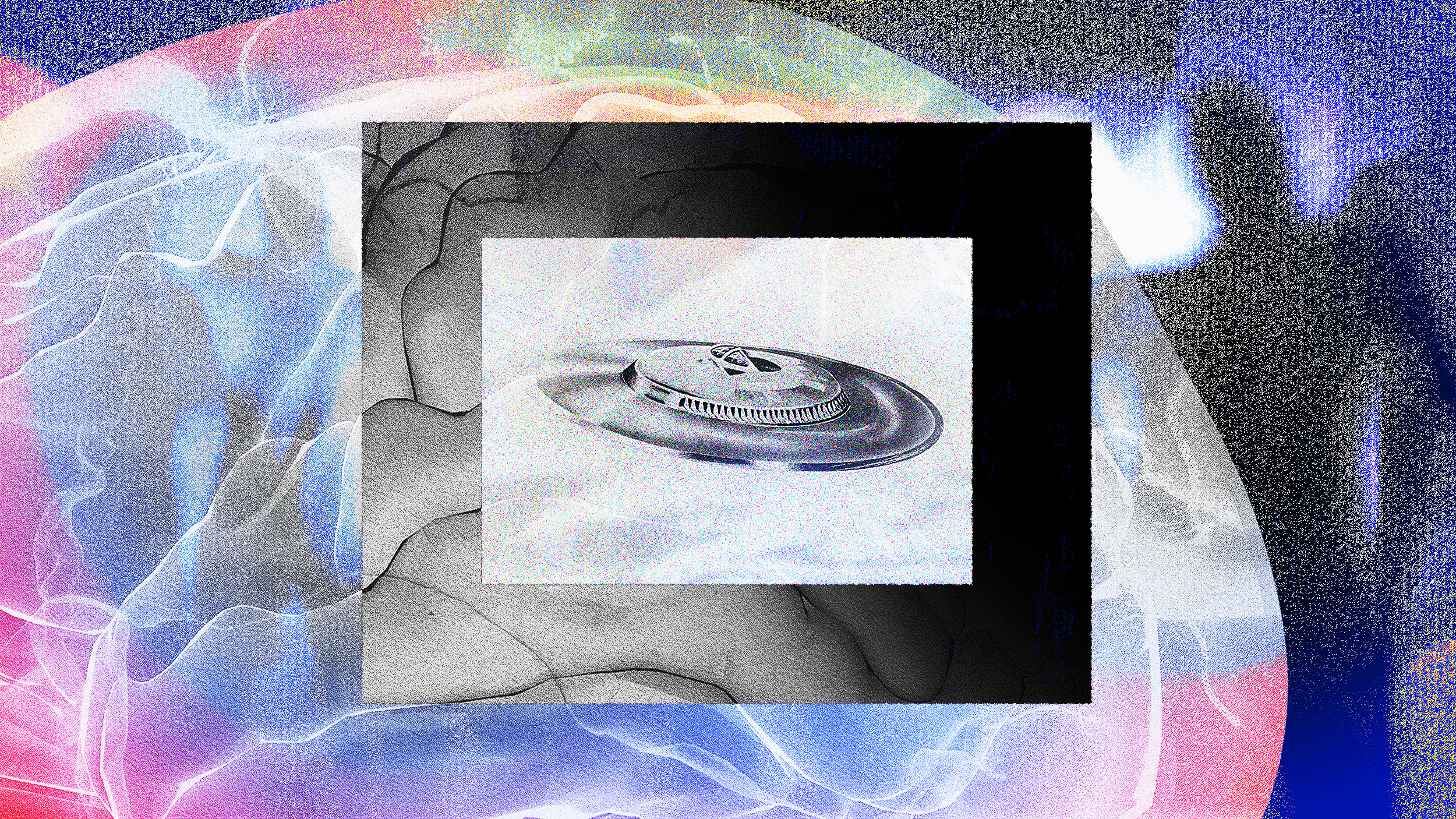 An abstract digital collage inspired by alien abduction stories, with a monochrome vinyl record at the center surrounded by colorful, glitch-like textures and shapes.