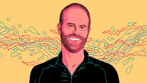 Illustration of a smiling bald man with a leadership hack, wearing a dark zip-up jacket against a yellow background with abstract green and blue waves.