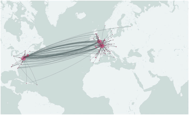 World map highlighting major flight routes and connections centered on europe and asia, with dense network lines and hub points.