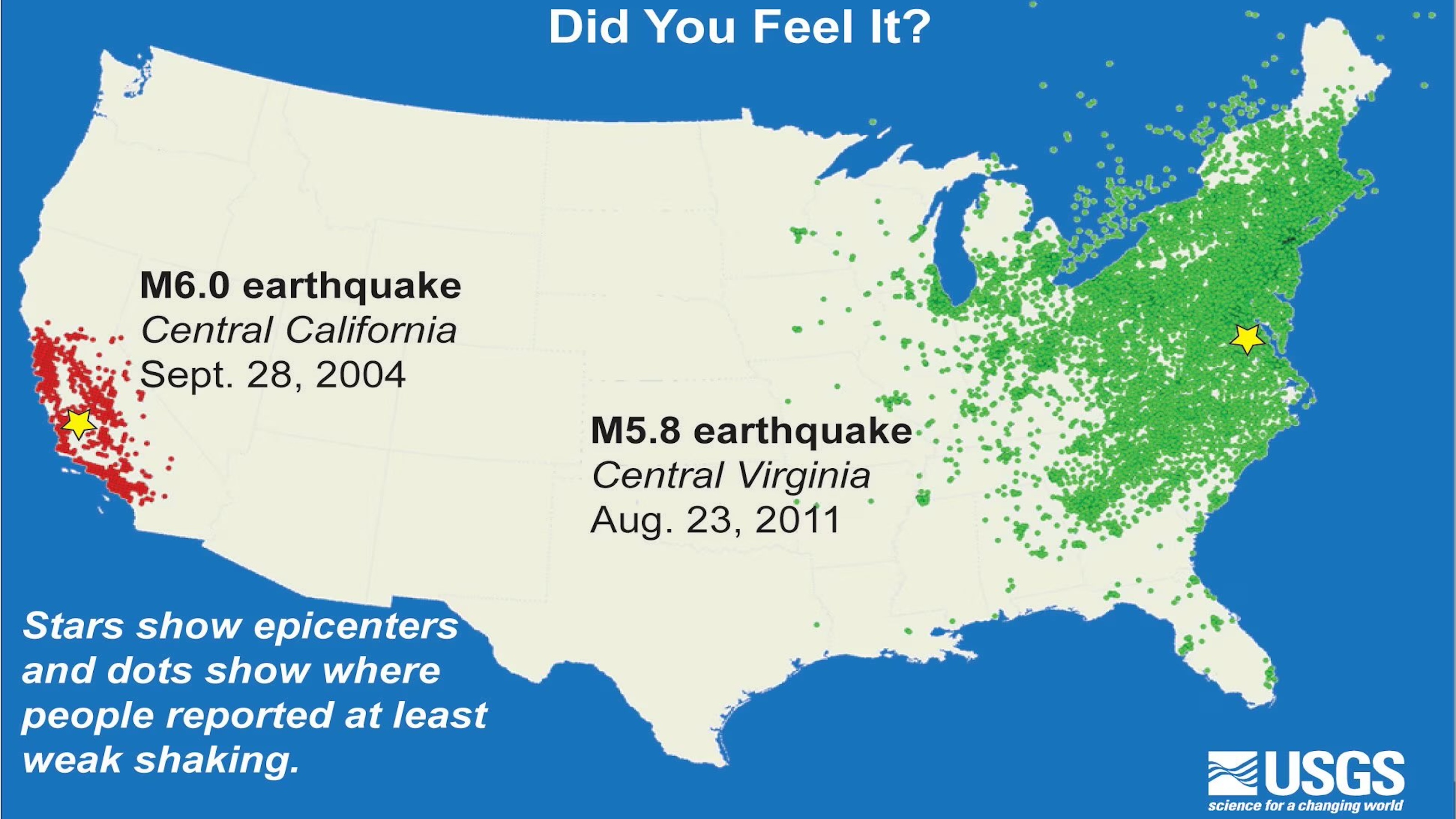 Map of the united states showing earthquake epicenters in california and virginia, with a distribution of reported shaking experiences.