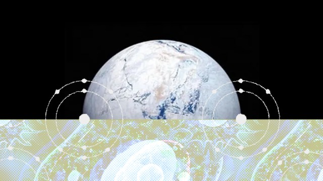 Earth viewed from space, partially obscured by a graphical overlay illustrating how oxygen once nearly killed life.