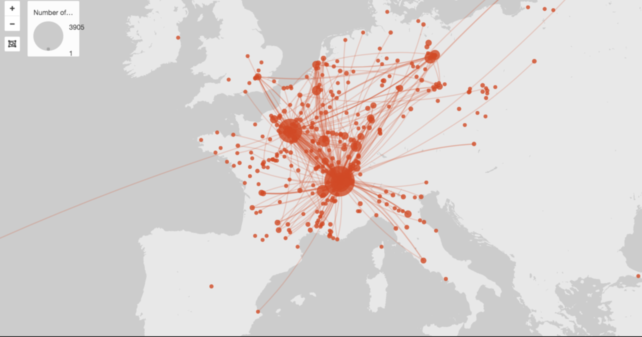 Map showing global connectivity with numerous red lines and dots indicating network or travel routes centered on europe.