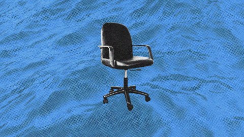 An office chair, symbolizing leadership through volatility, placed on a textured blue background.