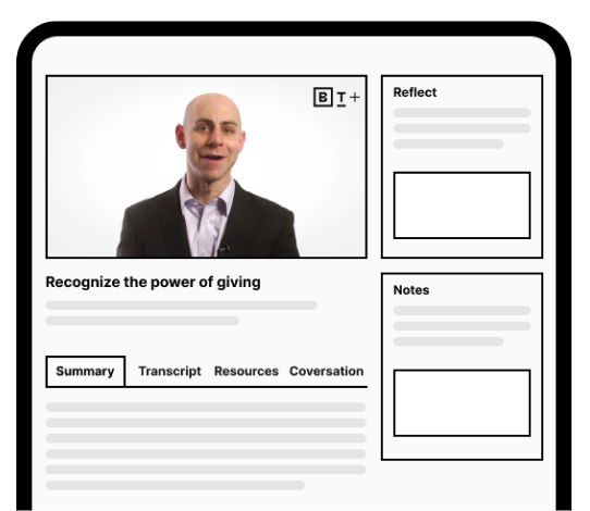 A bald man in a suit smiling at the camera on a webpage with tabs for summary, transcript, resources, and conversation, and sections titled "reflect" and "notes.