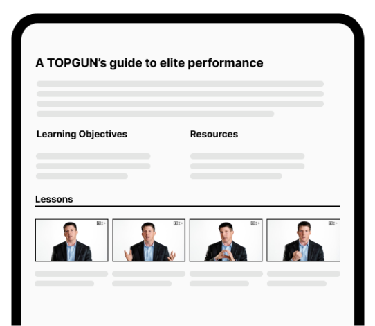Screenshot of a digital learning module titled "a topgun's guide to elite performance" featuring headings and images of a male instructor in various poses.