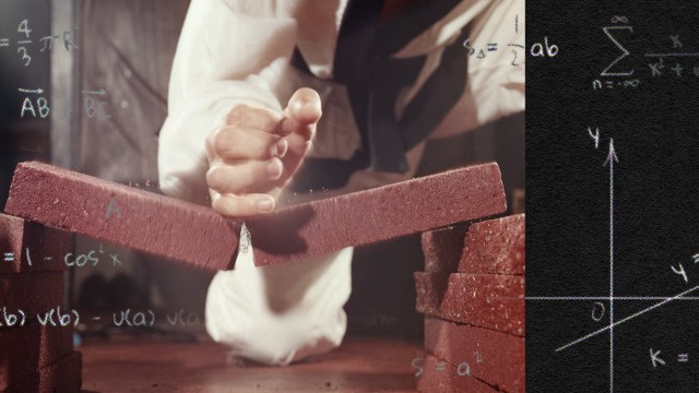 A person in a karate gi breaking a brick with a hand strike, demonstrating the physics of karate, superimposed on a background of mathematical equations and graphs.