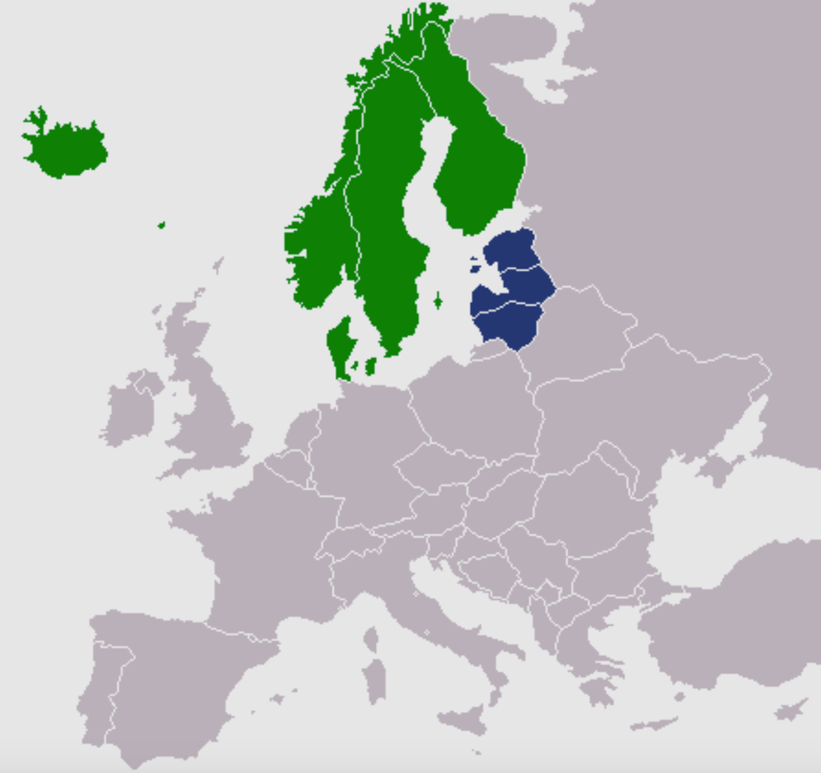 Map highlighting Northern Europe; Scandinavian countries (Norway, Sweden, Finland, and Iceland) are in green, and the Baltic States (Estonia, Latvia, Lithuania) are in dark blue.