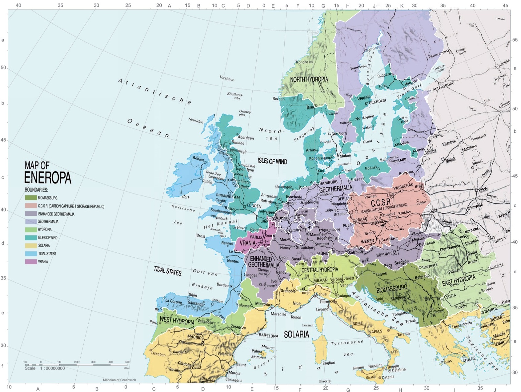 A colorful political map of a fictional continent named eneropa, depicting various countries and regions with borders and names labeled.