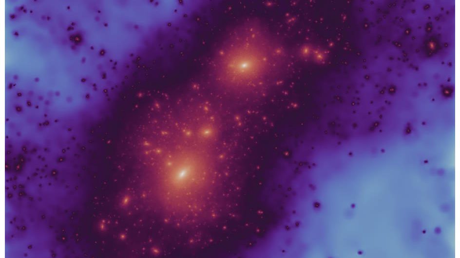 Astronomical image showing a galaxy cluster with multiple bright glowing sources and smaller points against a deep blue and purple space background.