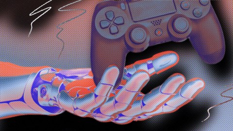 A stylized digital illustration of a hand reaching for a floating video game controller with dynamic blue and red lighting effects.