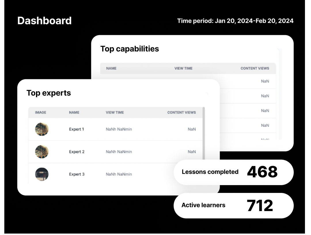 Dashboard showing top capabilities and experts with lessons completed (468) and active learners (712) for the period January 20, 2024 to February 20, 2024.
