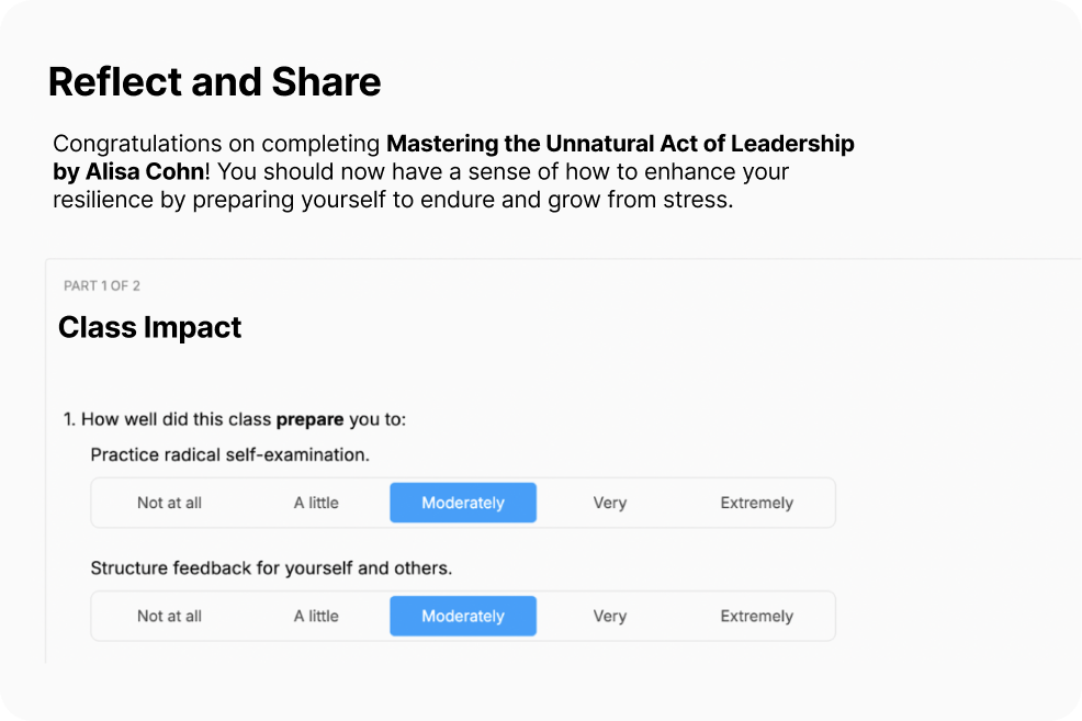 An online course screen displays a reflection section titled "Reflect and Share" with questions on how the class prepared users to practice radical self-examination and structure feedback for oneself and others.