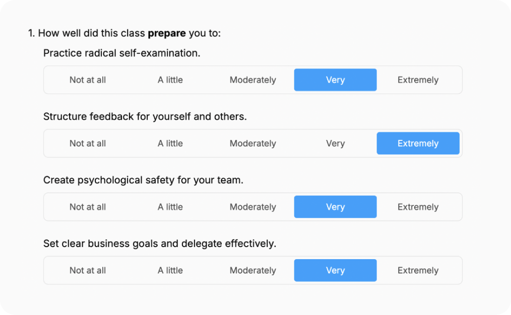 A survey asking how well a class prepared the participant in four areas: practicing self-examination, structuring feedback, creating psychological safety, and setting clear goals, with options from "Not at all" to "Extremely.