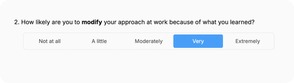 A survey question asking, "How likely are you to modify your approach at work because of what you learned?" with response options: "Not at all," "A little," "Moderately," "Very" (selected), and "Extremely.