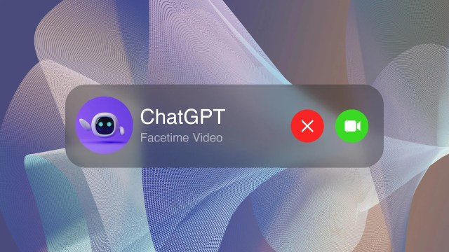 A Facetime Video call screen showing an incoming call from "ChatGPT" with an AI icon, featuring a red decline button and a green accept button.