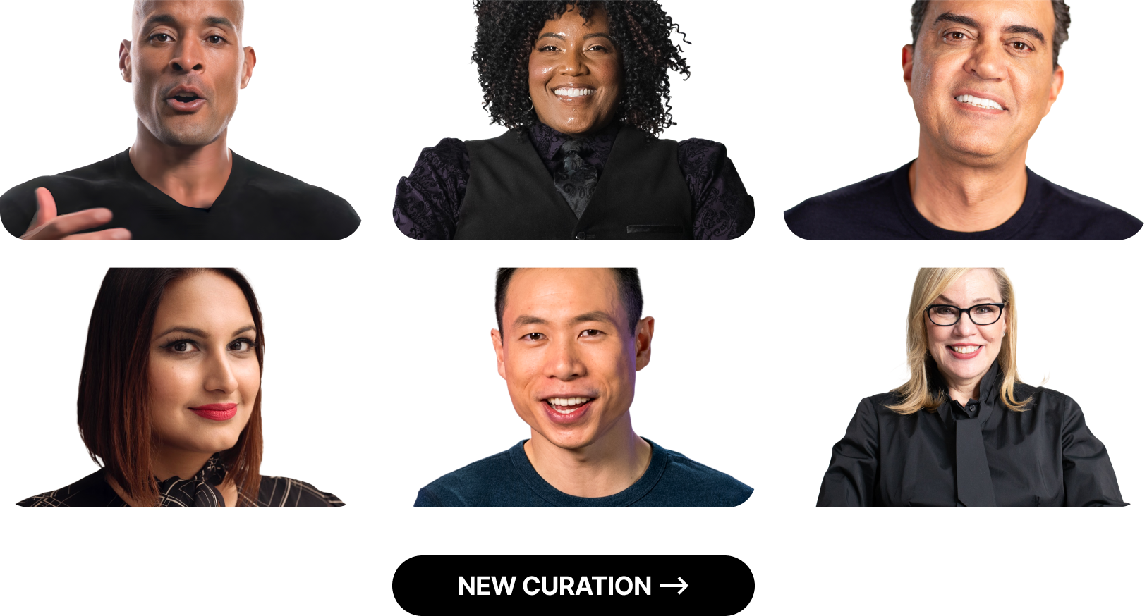 Six diverse people smiling and posing, three men and three women, each in different attire, against a white background, with text "NEW CURATION" at the bottom.
