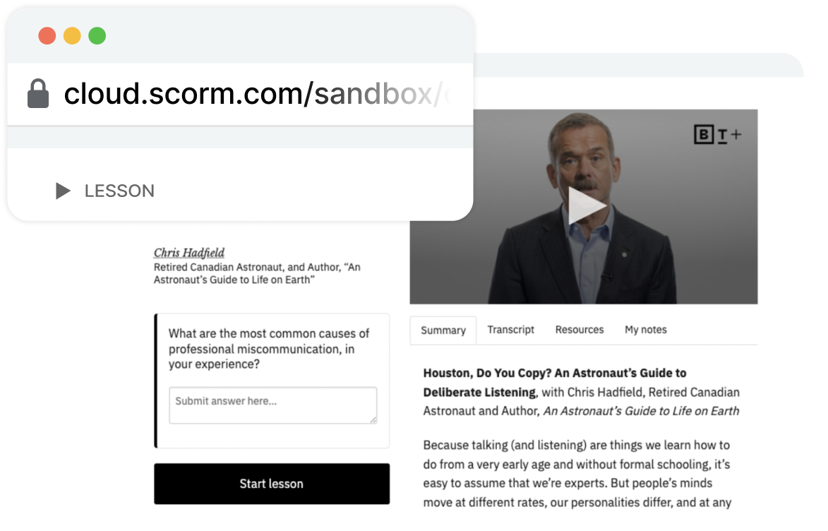A webpage featuring a video titled "An Astronaut's Guide to Deliberate Listening" by Chris Hadfield, with a lesson start button and a text box for submitting an answer to a question about professional miscommunication.