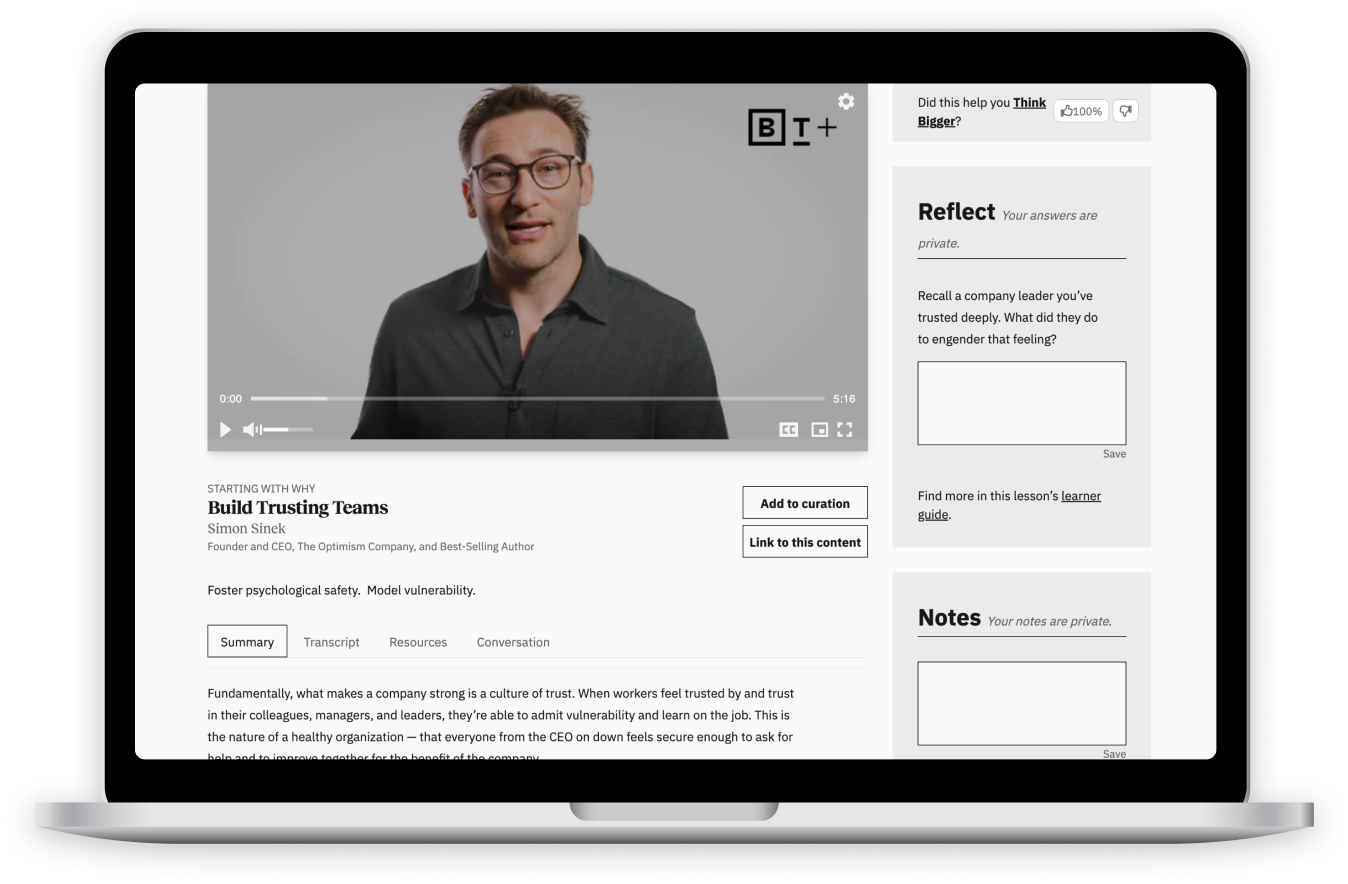 A laptop screen displaying an online course video titled "Build Trusting Teams" with Simon Sinek. The screen shows the instructor speaking, alongside sections titled "Reflect" and "Notes" for user interaction.