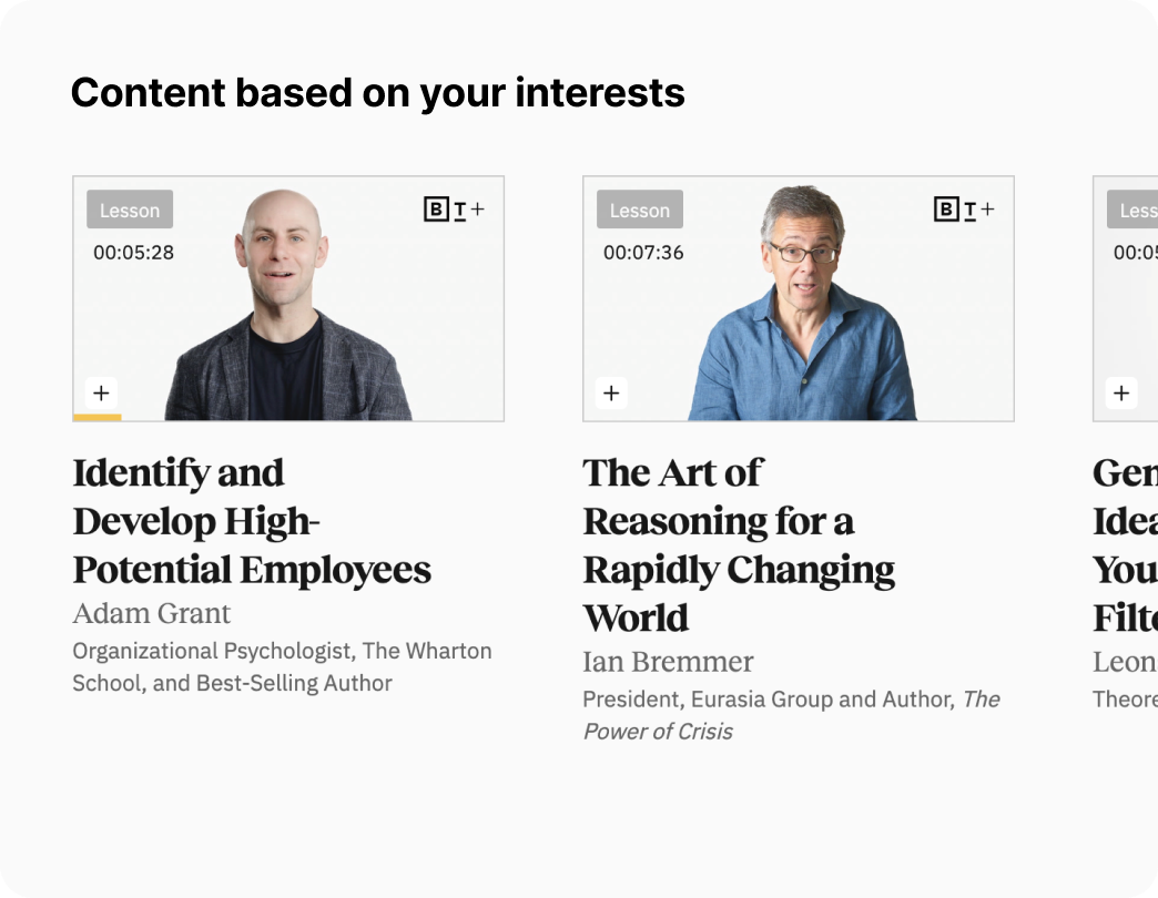 Image of a webpage displaying two educational lessons about identifying high-potential employees and reasoning in a rapidly changing world, featuring presenters Adam Grant and Ian Bremmer, respectively.