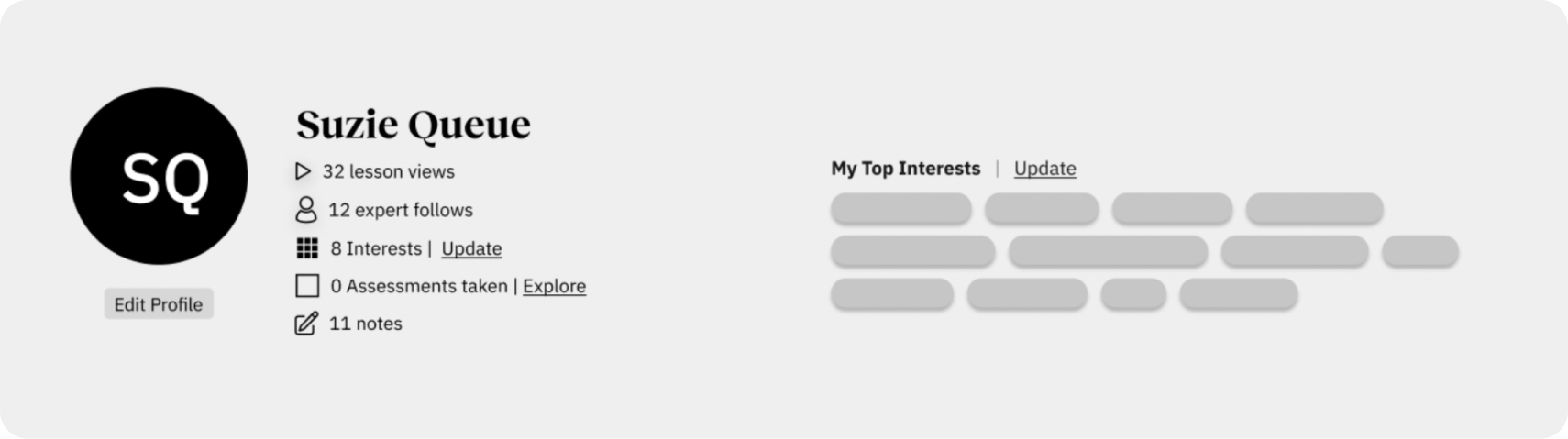 Profile page with the name "Suzie Queue," showing badge and profile stats, including lesson views, expert follows, interests, assessments, and notes. Features section "My Top Interests.
