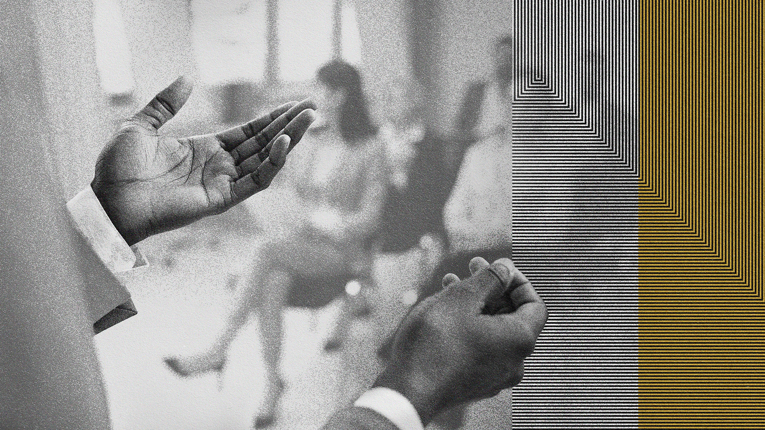 A person is speaking with hand gestures in the foreground, clearly immersed in public speaking. In the background, a blurred figure is seated. On the right side, there is an abstract, striped pattern with black, white, and gold lines.