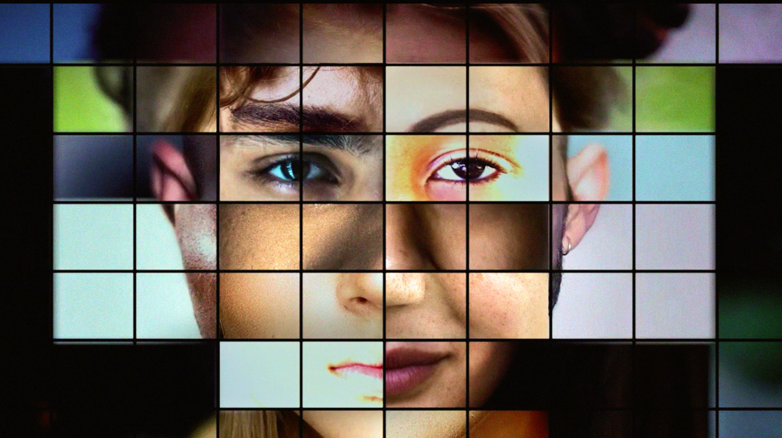 A mosaic of 36 square tiles, each showing a different fragment of various human faces, combined to create a composite image of diverse facial features.