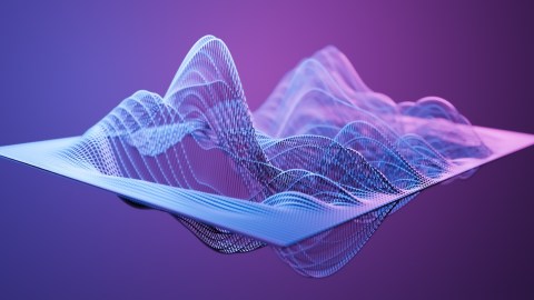 A digital representation of a 3D mesh structure with wavy, interconnected lines on a gradient purple background.