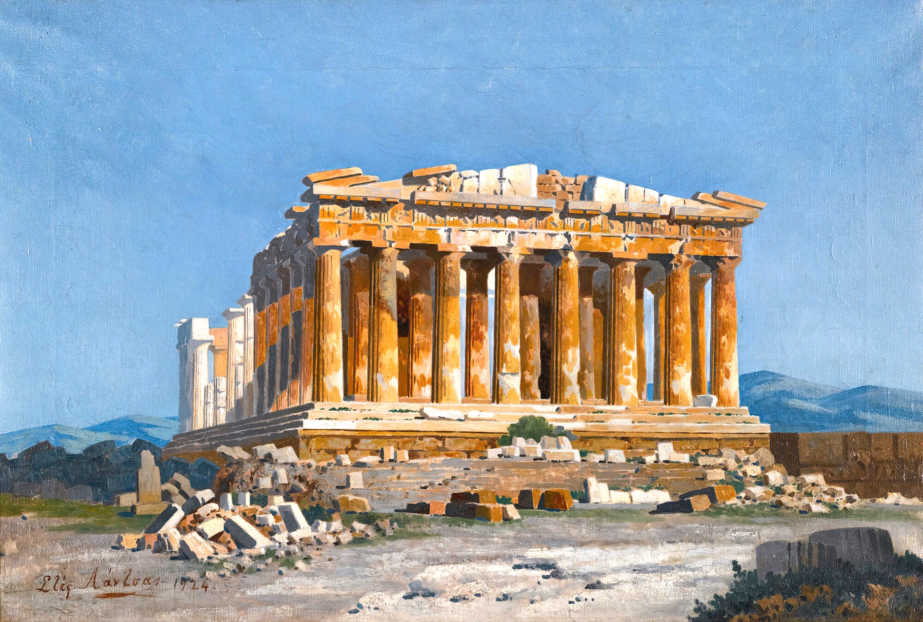 A painting of the Parthenon, an ancient temple with columns and partial ruins, under a clear blue sky. The landscape around it includes scattered stones and minimal vegetation, perfectly capturing the essence of strong presentation skills in historical artistry.