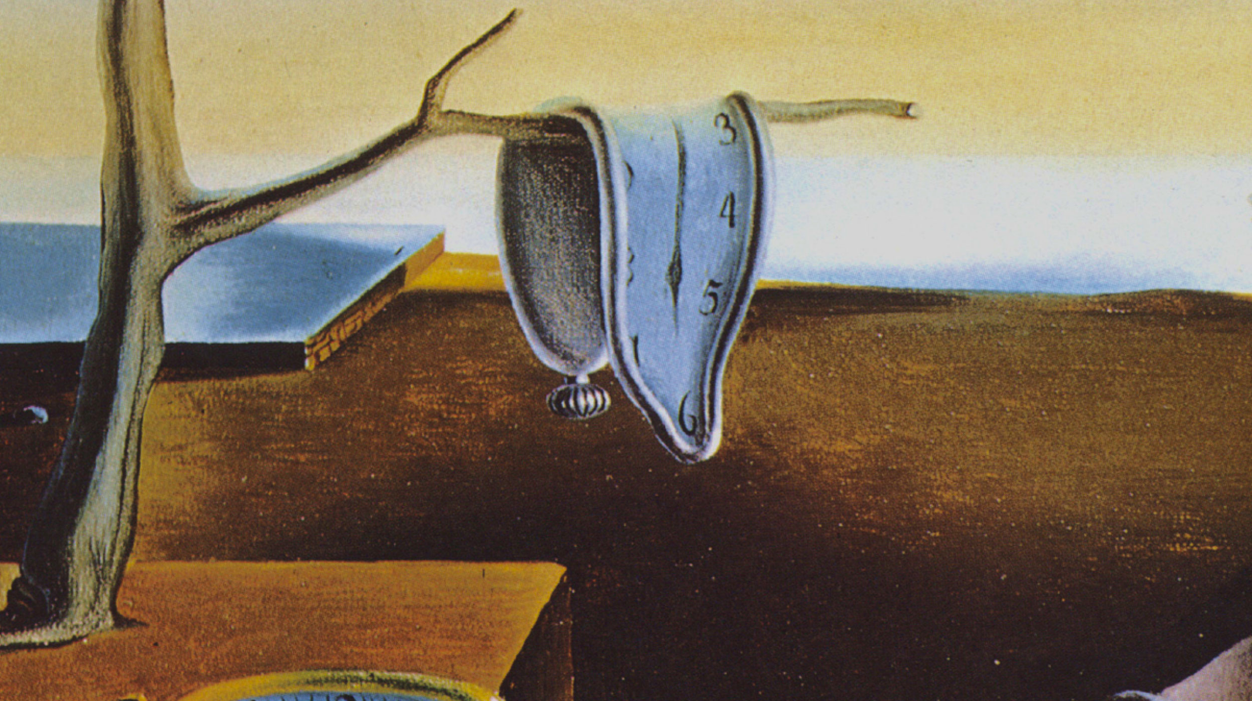 A melting clock drapes over a bare tree branch in a surreal, barren landscape with simple geometric shapes and muted colors.