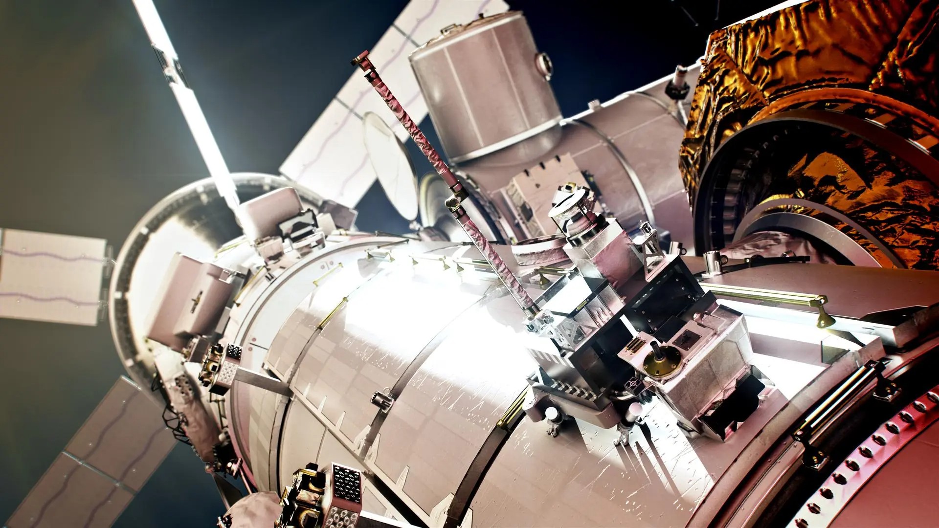 Close-up view of a space station module with various components, antennas, and solar panels visible. The structure is illuminated, showing intricate details of its surface and equipment.