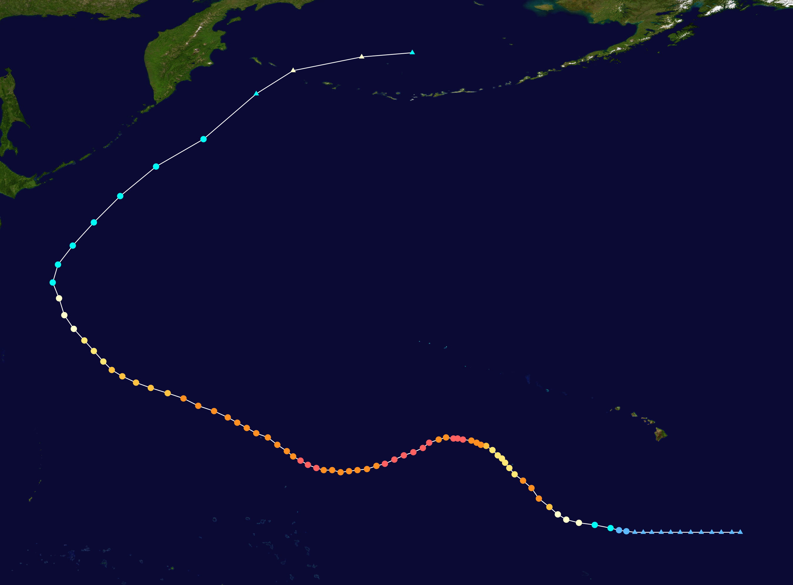 Map showing the tracking path of Hurricane Ioke, marked with colored dots indicating intensity, curving from the eastern Pacific, crossing the International Date Line, and entering the northwestern Pacific.