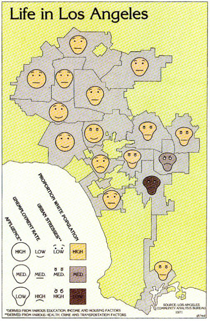 A map of Los Angeles shows varying levels of urban stress and white population proportion across neighborhoods, using different faces and colors to denote levels of affluence and urban stress.