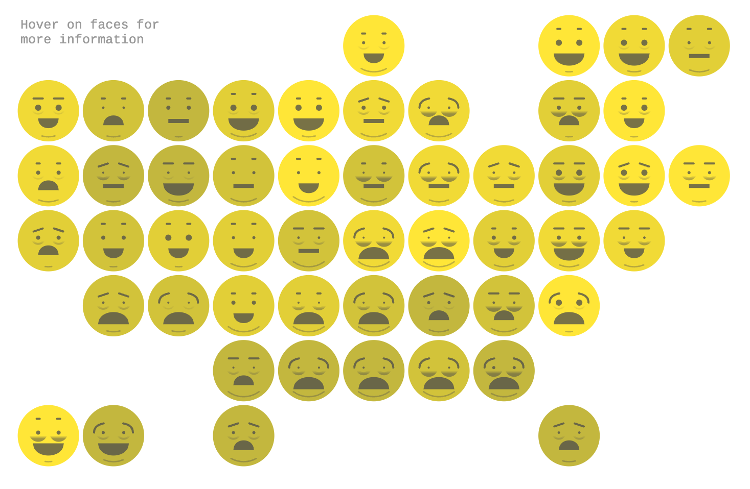 A USA map made of yellow emojis with various facial expressions is displayed; the text "Hover on faces for more information" is on the top left.