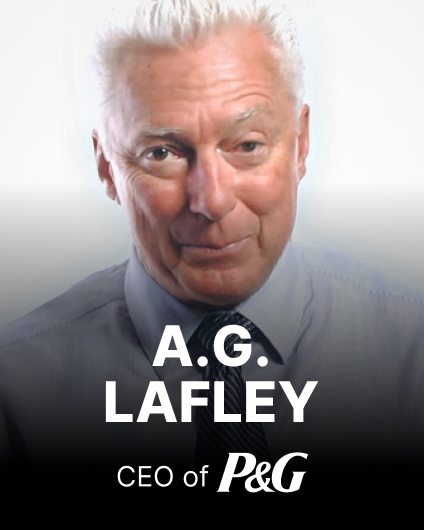 A man with white hair and a light blue shirt, A.G. Lafley, is shown with text below identifying him as the CEO of P&G.