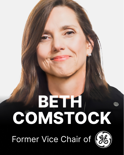 A woman with shoulder-length hair, identified as Beth Comstock, former Vice Chair of GE, is smiling slightly. Her name and title are displayed in large white text against a black background at the bottom.