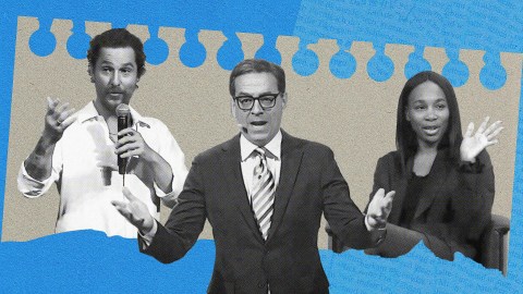 Three individuals, one with a microphone, another in a suit and glasses, and the third gesturing with one hand raised, are juxtaposed against a blue background with a torn paper design, promoting ATD 2024.