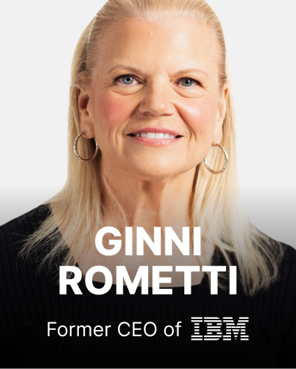 A woman with blonde hair is smiling at the camera. The text on the image reads "GINNI ROMETTI, Former CEO of IBM.