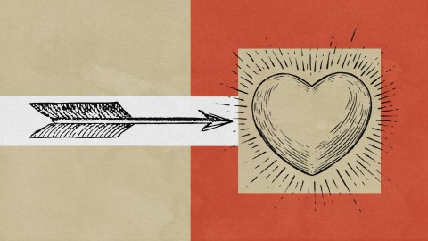 An arrow points towards a glowing heart illustration on a background split into beige and red sections, reminding us to always lead with love.