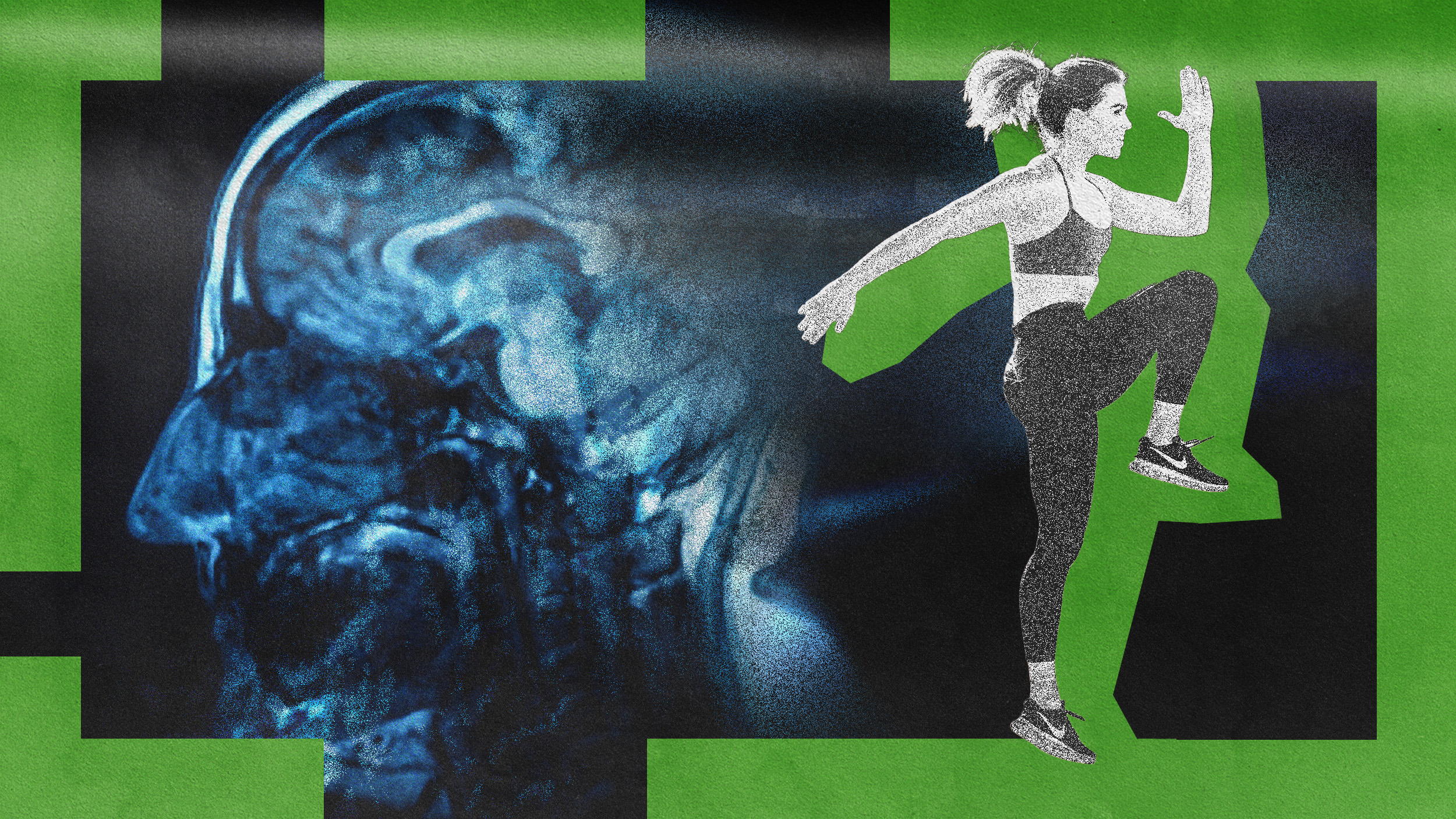 A woman performing a high-knee exercise is overlaid on an image of a brain scan, set against a green and black background, highlighting the importance of exercise in the fight against Alzheimer's.