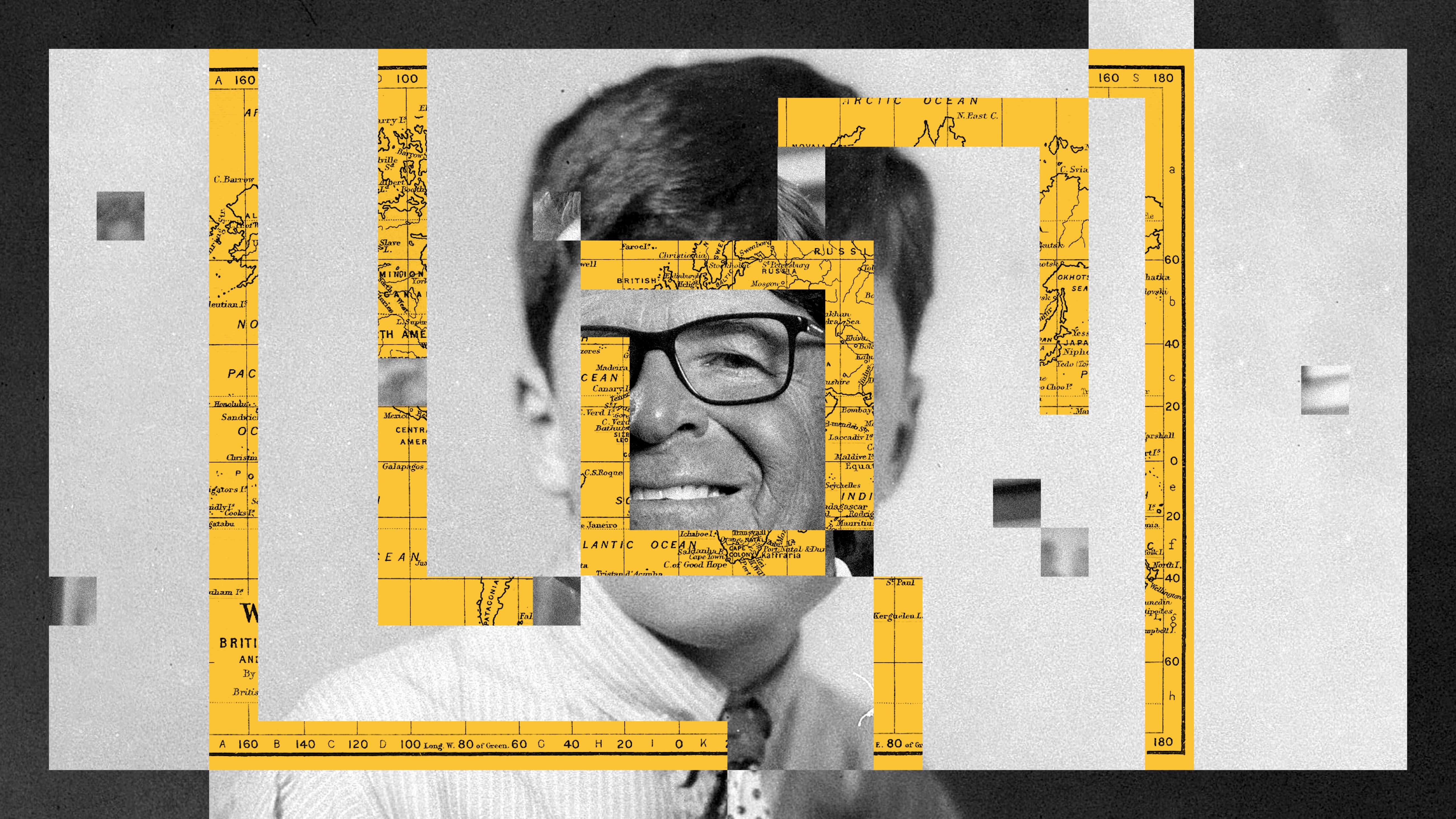 A man's portrait, segmented with rectangular sections of a vintage yellow world map overlaid on the image, embodies a sense of leadership. He is wearing glasses and a tie, exuding an air of wisdom and hindsight.